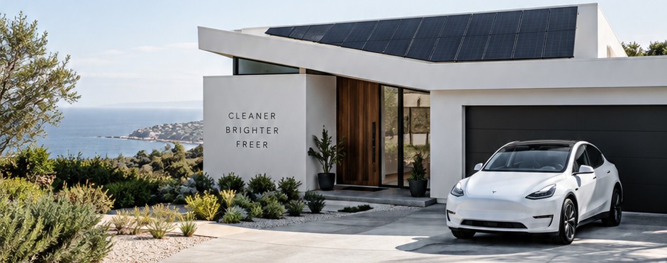 Modern home with solar and an EV in daylight